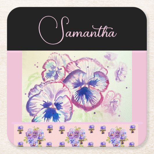 ピンクパンシーパンジー水彩花フローラアート スクエアペーパーコースター (正面)
