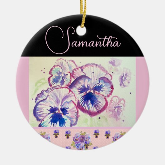 ピンクパンシーパンジー水彩花フローラアート セラミックオーナメント (正面)