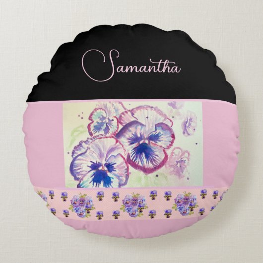 ピンクパンシーパンジー水彩花フローラアート ラウンドクッション (正面)