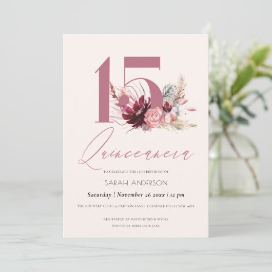 ピンクパンパスグラスキンセアニェラ15誕生日招待状 サンキューカード (スタンド正面)