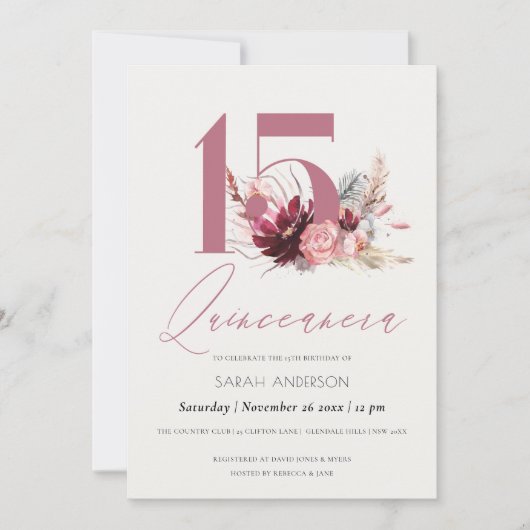 ピンクパンパスグラスキンセアニェラ15誕生日招待状 サンキューカード (正面)