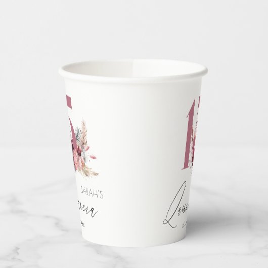 ピンクパンパスグラスキンセアニェラ15誕生日招待状 紙コップ (左)