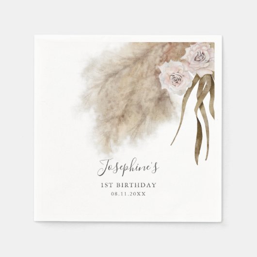 ピンクパンパスグラスバースデーパーティナプキンス スタンダードカクテルナプキン (正面)