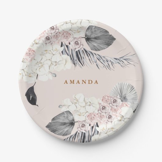 ピンクパンパスグラスフローラウェディングシャワーパーティー ペーパープレート (正面)