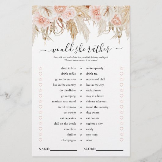 ピンクパンパスグラスブライダルシャワーゲーム (正面)