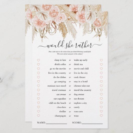 ピンクパンパスグラスブライダルシャワーゲーム (正面/裏面)