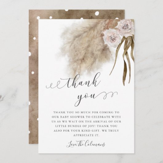 ピンクパンパスグラス水彩赤ちゃんシャワー サンキューカード (正面/裏面)