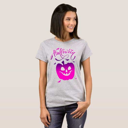 ピンクパンプキンおもしろい顔ハロウィーン Tシャツ (正面フル)