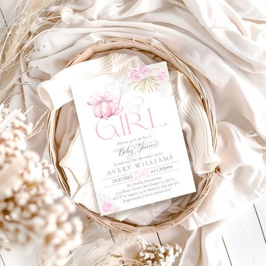 ピンクパンプキンオ女の子フローラボウ赤ちゃんシャワー 招待状