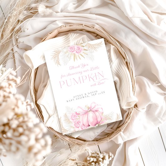 ピンクパンプキンガールフローラボウベビーシャワー サンキューカード