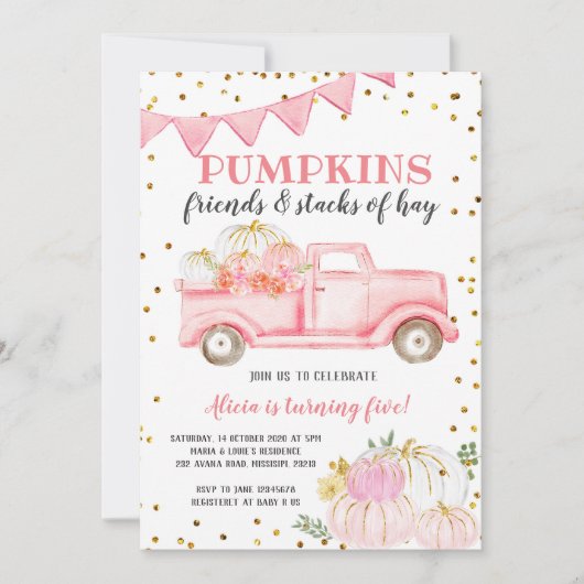 ピンクパンプキントラックガール誕生日招待状 招待状 (正面)