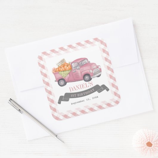 ピンクパンプキントラックジンジャムガムガール1st誕生日 スクエアシール (封筒)