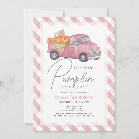 ピンクパンプキントラックジンジャムガムガール1st誕生日 招待状 (正面)
