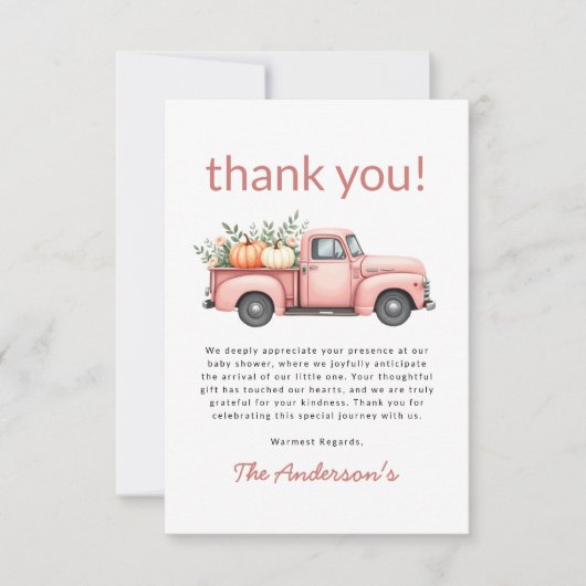 ピンクパンプキントラックフローラベビーガールシャワー サンキューカード (正面)