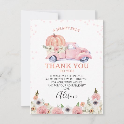 ピンクパンプキントラックベビーシャワーサンキューカード 招待状 (正面)