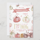 ピンクパンプキンパッチ兄弟姉妹ガールズジョイント誕生日 招待状 (正面)