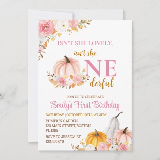 ピンクパンプキンファーストオンダーフル誕生日招待状 招待状 (正面)