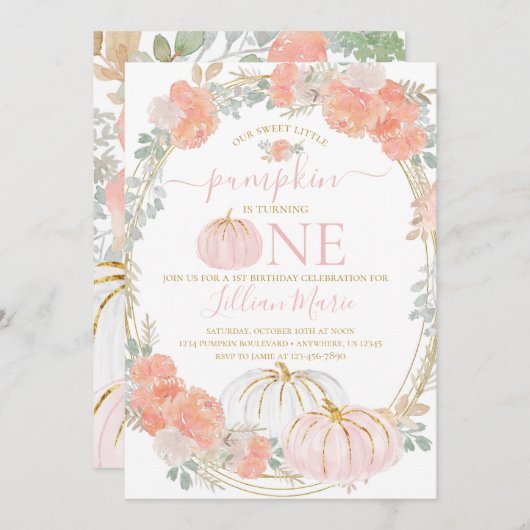 ピンクパンプキンファースト誕生日招待状 招待状 (正面/裏面)