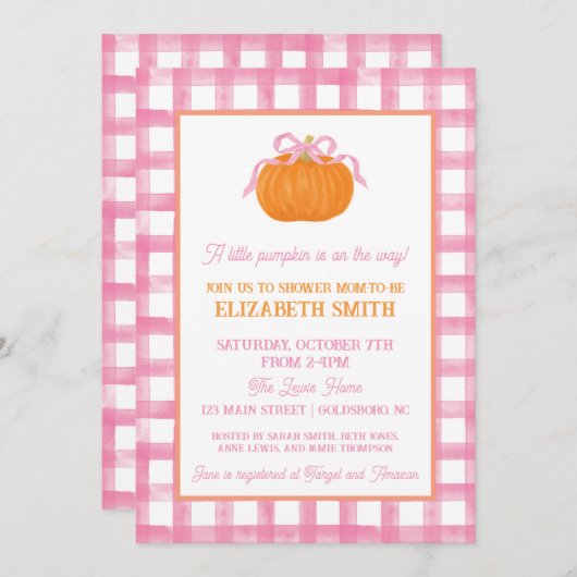 ピンクパンプキンボウベビーシャワー招待状 招待状 (正面/裏面)