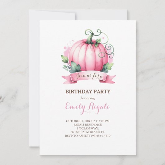ピンクパンプキン子供の誕生日パーティの招待状 招待状 (正面)