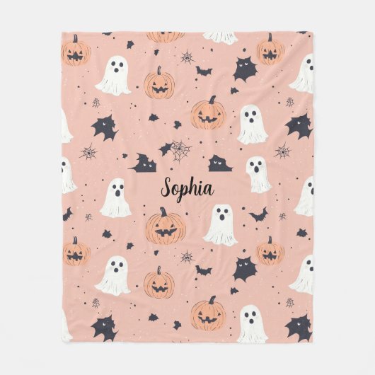 ピンクパンプキン幽霊こうもり名前をカスタムするハロウィーン フリースブランケット (正面)