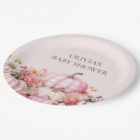 ピンクパンプキン秋フローラベビーシャワー紙プレート ペーパープレート (アングル)