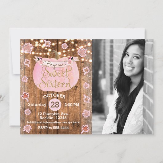 ピンクパンプキン秋素朴スウィート16誕生日写真 招待状 (正面)