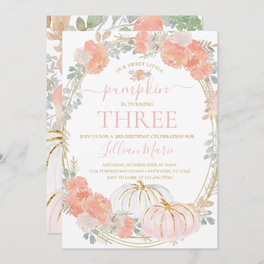 ピンクパンプキン秋誕生日招待状 招待状 (正面/裏面)