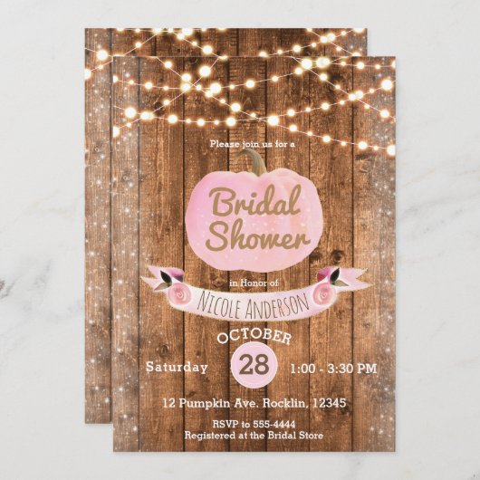 ピンクパンプキン素朴秋ウッドライトブライダルシャワー 招待状 (正面/裏面)