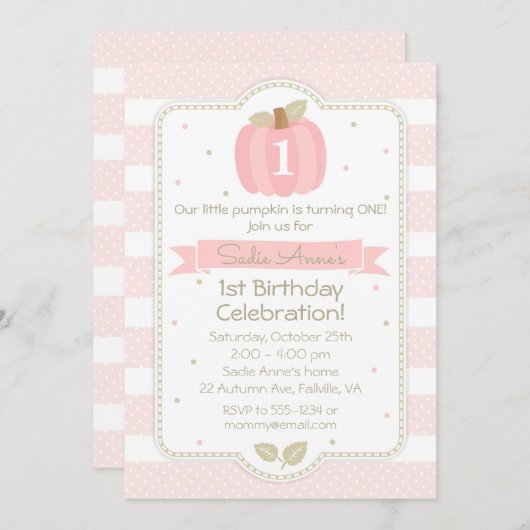 ピンクパンプキン1stバースデーガール秋誕生日 招待状 (正面/裏面)