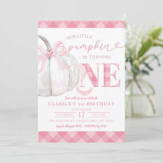 ピンクパンプキ名門私立校風のンオータム誕生日招待状 招待状 (スタンド正面)