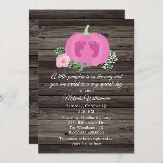 ピンクパンプキ素朴ンウッドベビーシャワー招待状 招待状 (正面/裏面)