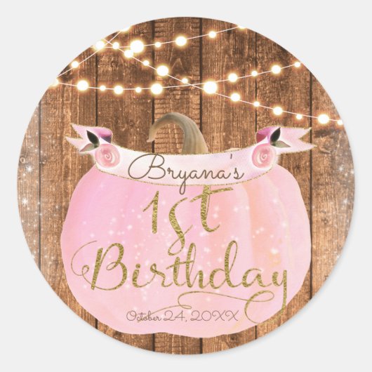 ピンクパンプキ素朴ン秋ウッドライツ1st誕生日 ラウンドシール (正面)