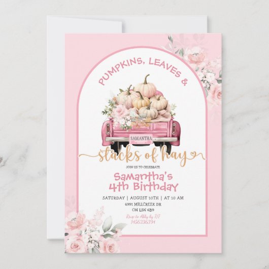 ピンクパンプキ離れンの誕生日と牧草のスタック 招待状 (正面)