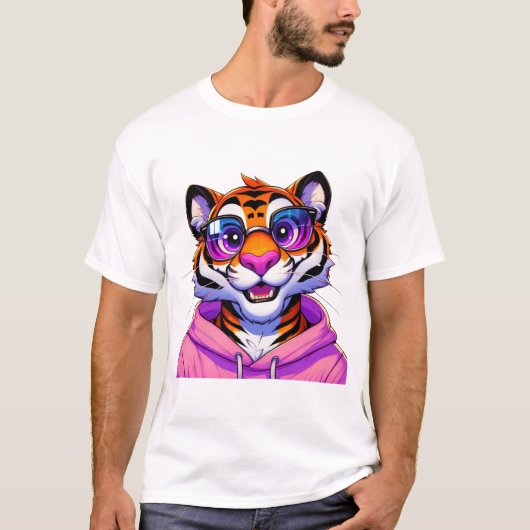 ピンクパーカーのトラのイラスト Tシャツ (正面)
