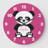 ピンクパーソナライズされたかわいいパンダ熊キッズかわいい ラージ壁時計 (正面)