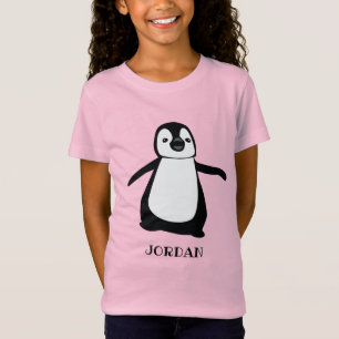 ピンクパーソナライズされたかわいいペンギンイラストレーションガール Tシャツ