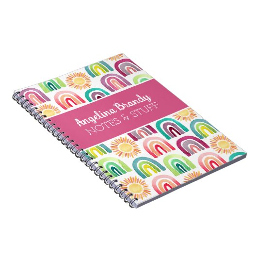 ピンクパーソナライズされたかわいいレインボー&サンズキッズ ノートブック (右側)