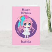 ピンクパーソナライズされたかわいらしアニメ誕生日ガール カード (正面)