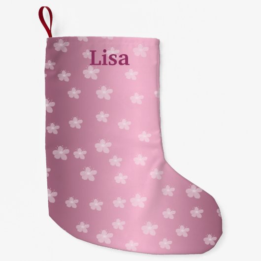 ピンクパーソナライズされたかわいらしフローラクリスマスストッキング スモールクリスマスストッキング (正面)