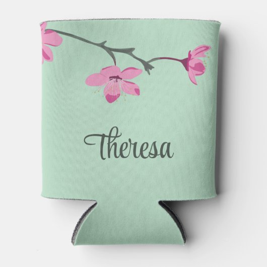 ピンクパーソナライズされたさくらんぼブロッサムミントグリーン 缶クーラー (正面)