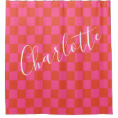 ピンクパーソナライズされたとオレンジのチェッカーボード シャワーカーテン (正面)