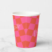 ピンクパーソナライズされたとオレンジのチェッカーボード  紙コップ (右)