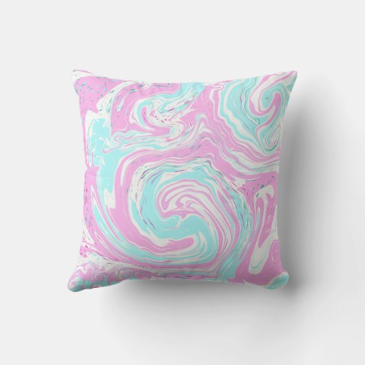 ピンクパーソナライズされたとティール（緑がかった色）の大理石スワール流体アート クッション (裏面)