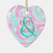 ピンクパーソナライズされたとティール(緑がかった色)ハートクリスマス セラミックオーナメント (右)