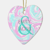 ピンクパーソナライズされたとティール(緑がかった色)ハートクリスマス セラミックオーナメント (左)