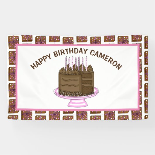 ピンクパーソナライズされたとブラウンのハッピーバースデー 横断幕 (横)