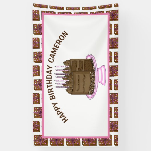 ピンクパーソナライズされたとブラウンのハッピーバースデー 横断幕 (縦)