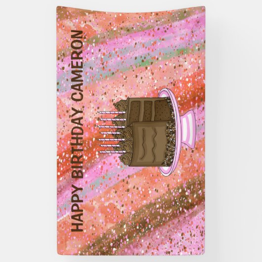 ピンクパーソナライズされたとブラウンのハッピーバースデー 横断幕 (縦)