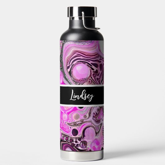 ピンクパーソナライズされたとブラックの流体アート ウォーターボトル (左面)